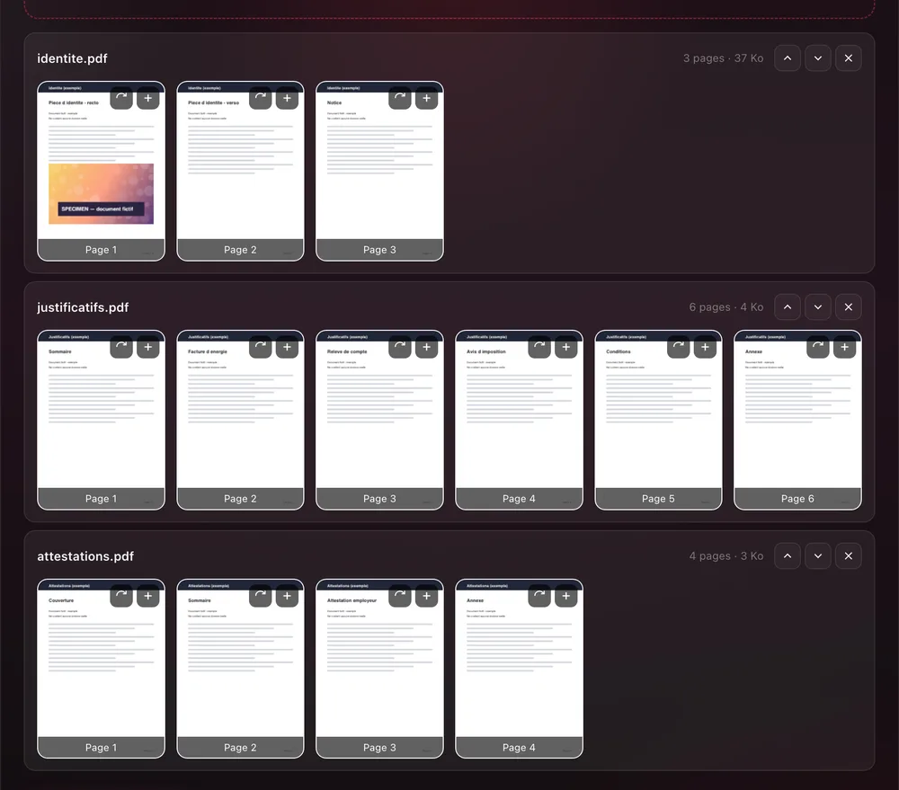 Trois PDF fictifs déposés dans la carte Fusionner : identite.pdf (3 pages), justificatifs.pdf (6 pages) et attestations.pdf (4 pages), chaque page en aperçu