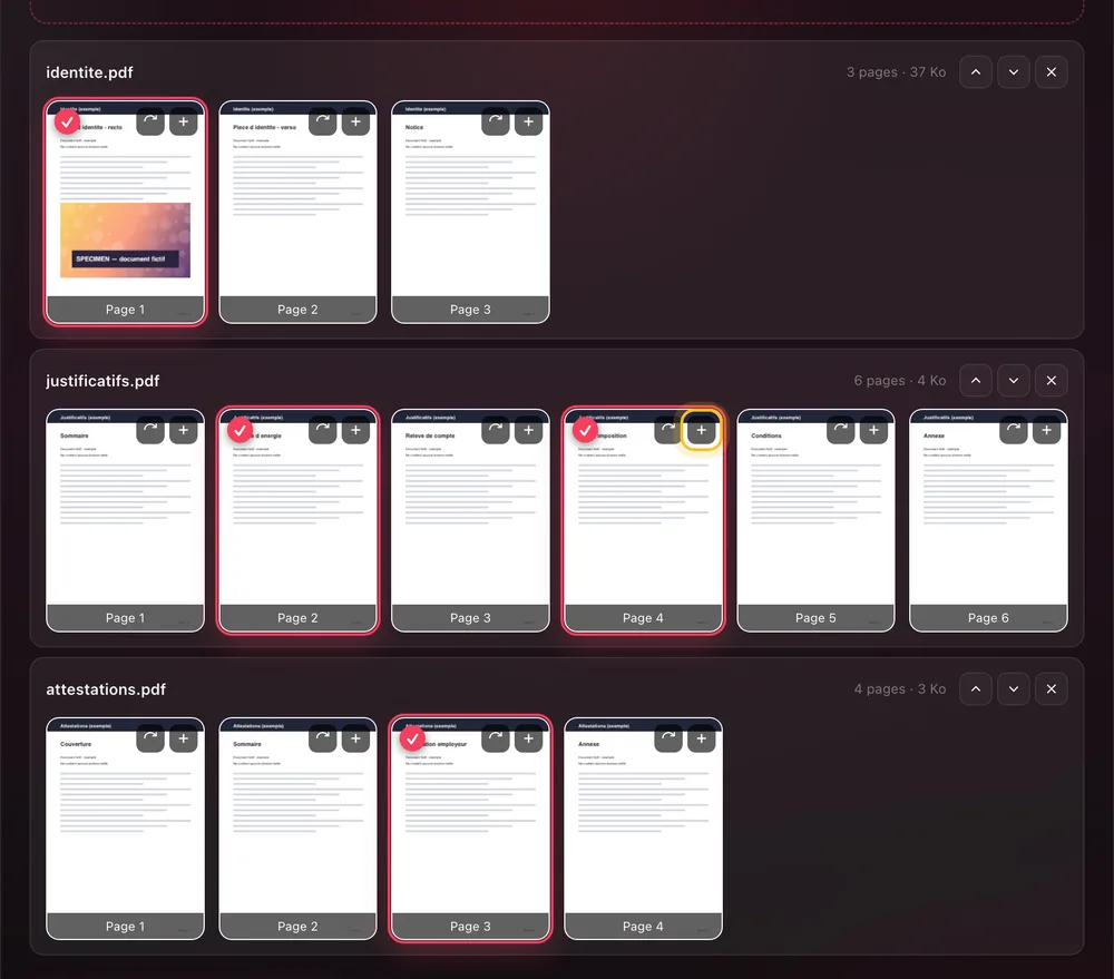 Quatre pages cochées en rose : la page 1 d'identite.pdf, les pages 2 et 4 de justificatifs.pdf et la page 3 d'attestations.pdf ; le bouton + de la page 4 est entouré
