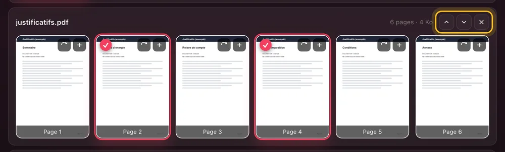 justificatifs.pdf avec ses pages 2 et 4 cochées, et ses flèches de déplacement entourées