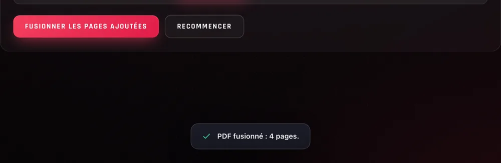 Le bouton « Fusionner les pages ajoutées » et le message de Pilote PDF « PDF fusionné : 4 pages. »