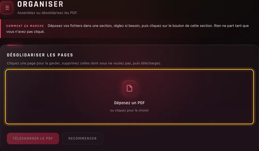L'onglet Organiser de Pilote PDF avec la carte « Désolidariser les pages » et sa zone « Déposez un PDF » entourée