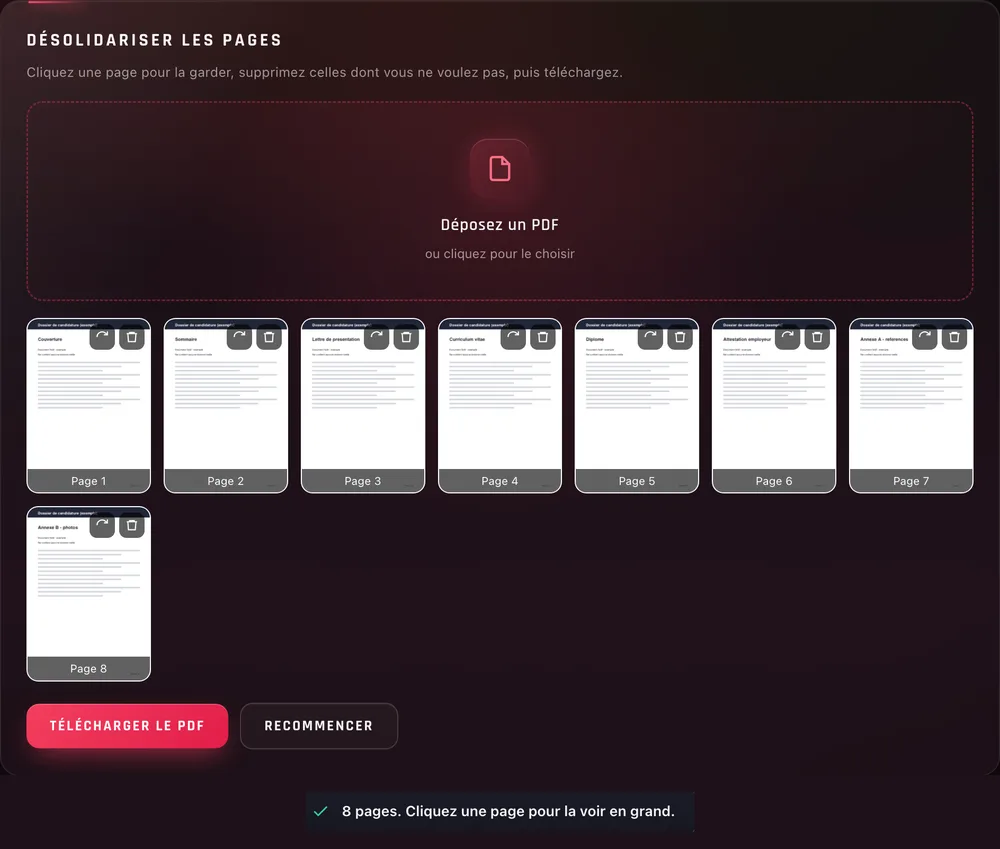 Le PDF fictif dossier.pdf déposé : ses 8 pages en vignettes numérotées et le message « 8 pages. Cliquez une page pour la voir en grand. »