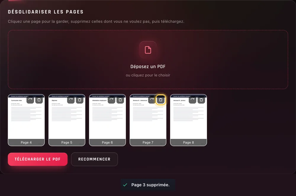 Les pages 1 à 3 du dossier fictif retirées, la corbeille de la page 7 entourée et le message « Page 3 supprimée. »