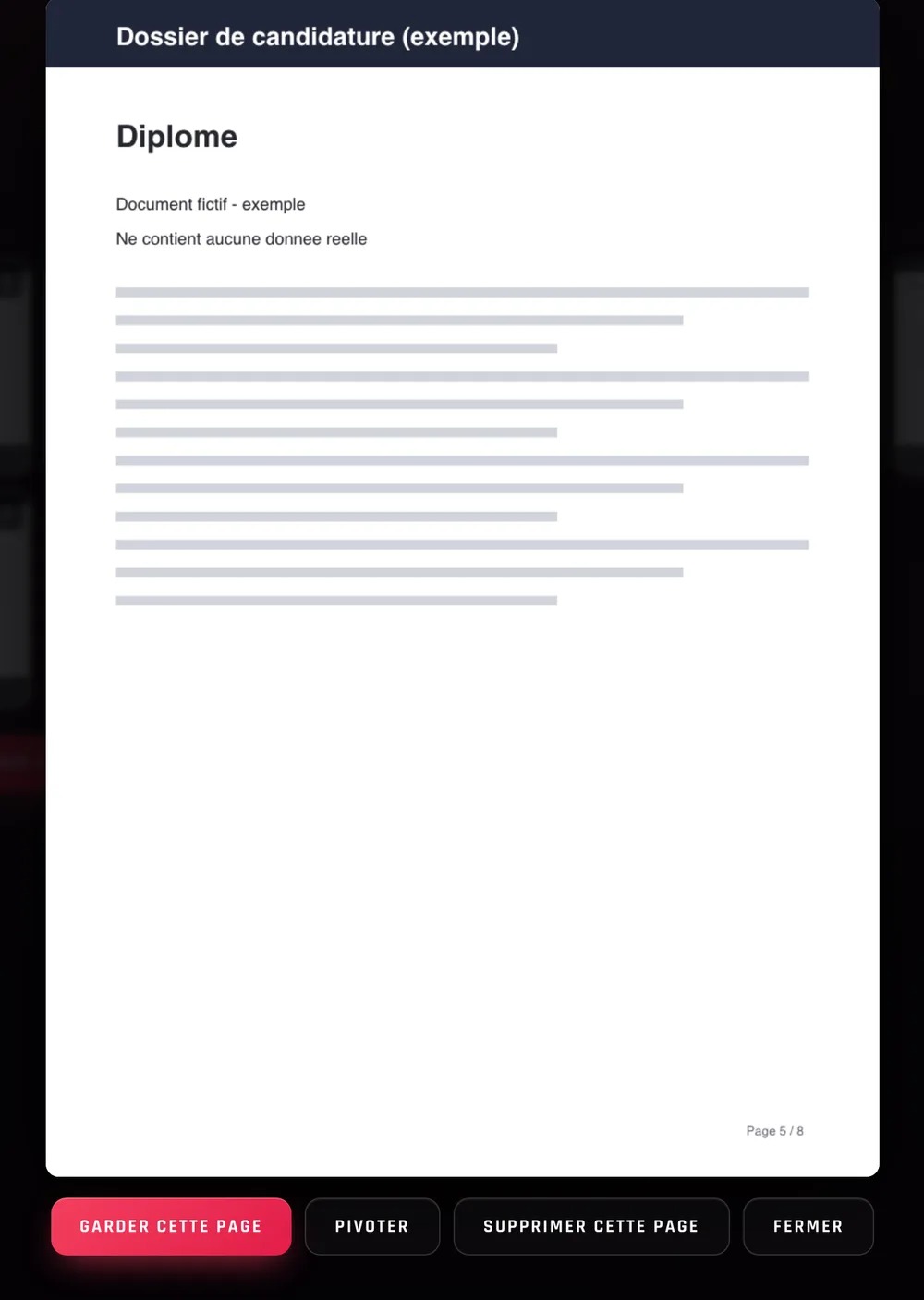 La page 5 du dossier fictif affichée en grand, avec les boutons « Garder cette page », « Pivoter », « Supprimer cette page » et « Fermer »