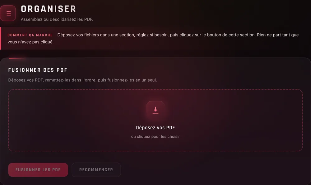 L'onglet Organiser de Pilote PDF avec la carte « Fusionner des PDF », sa zone « Déposez vos PDF » et le bouton « Fusionner les PDF »