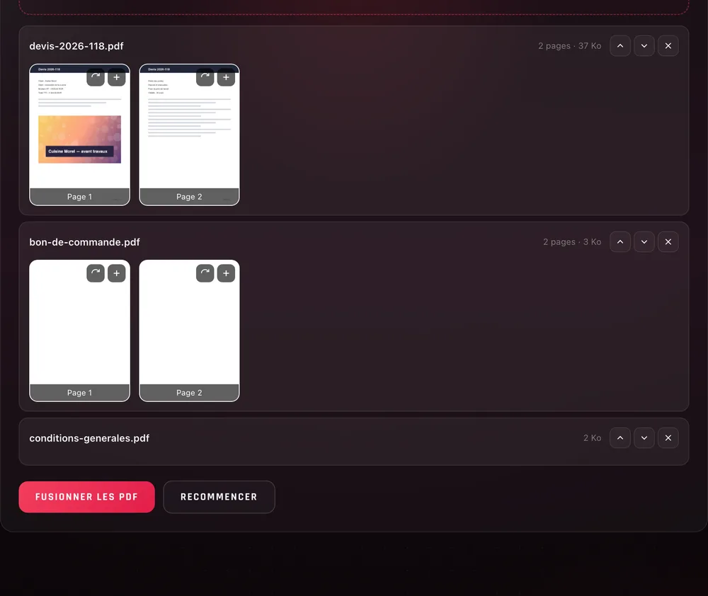 Trois PDF déposés dans la carte Fusionner : un devis de 2 pages, un bon de commande de 2 pages et des conditions générales de 3 pages, avec l'aperçu de chaque page