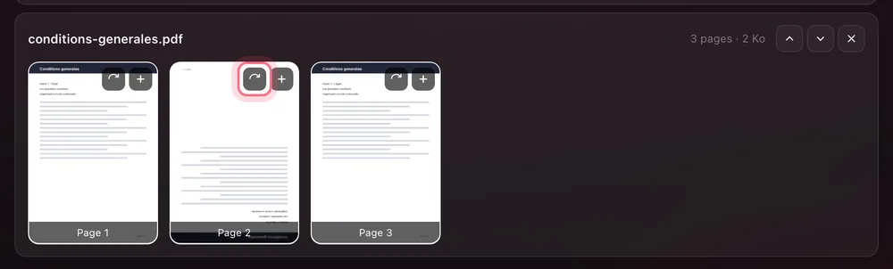 Les trois pages des conditions générales, la page 2 à l'envers et son bouton de rotation entouré