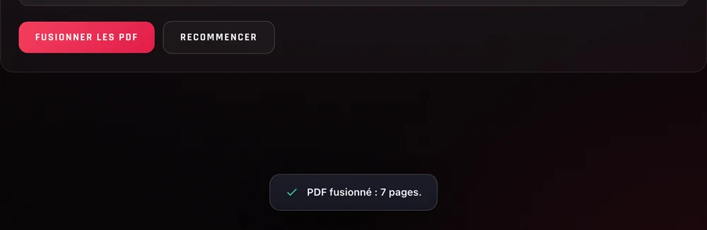 Le bouton « Fusionner les PDF » et le message de Pilote PDF « PDF fusionné : 7 pages. »