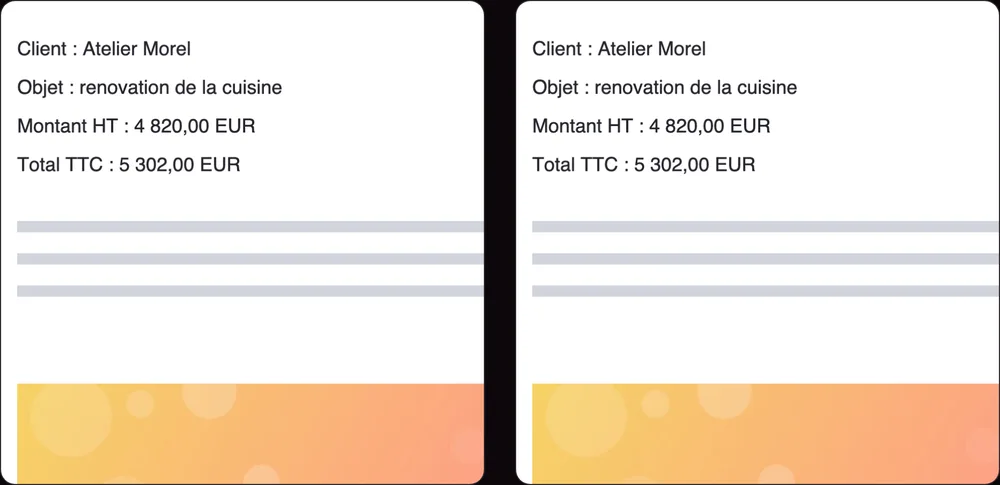 La même zone de la page 1 du devis, agrandie trois fois, avant et après la fusion : texte et photo identiques
