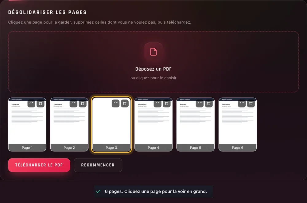 Le PDF fictif rapport.pdf déposé : 6 pages en vignettes, la page 3, blanche, entourée, et le message « 6 pages. Cliquez une page pour la voir en grand. »