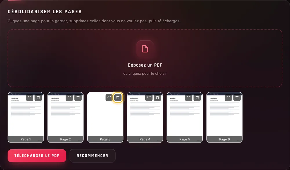 La corbeille de la page 3, la page blanche, entourée dans la carte « Désolidariser les pages »