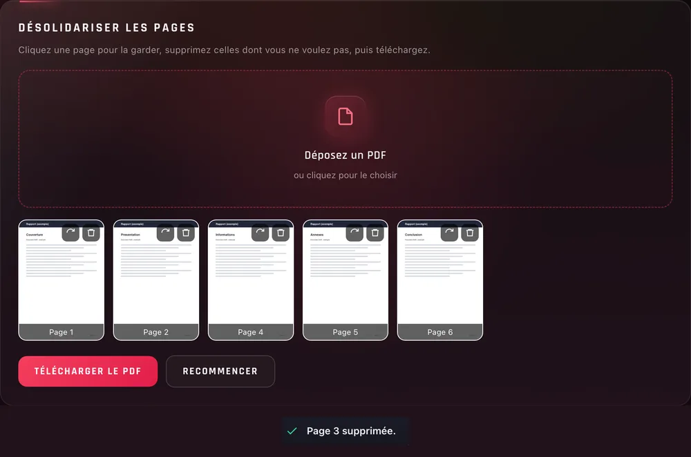 Il reste les pages 1, 2, 4, 5 et 6, et le message « Page 3 supprimée. »
