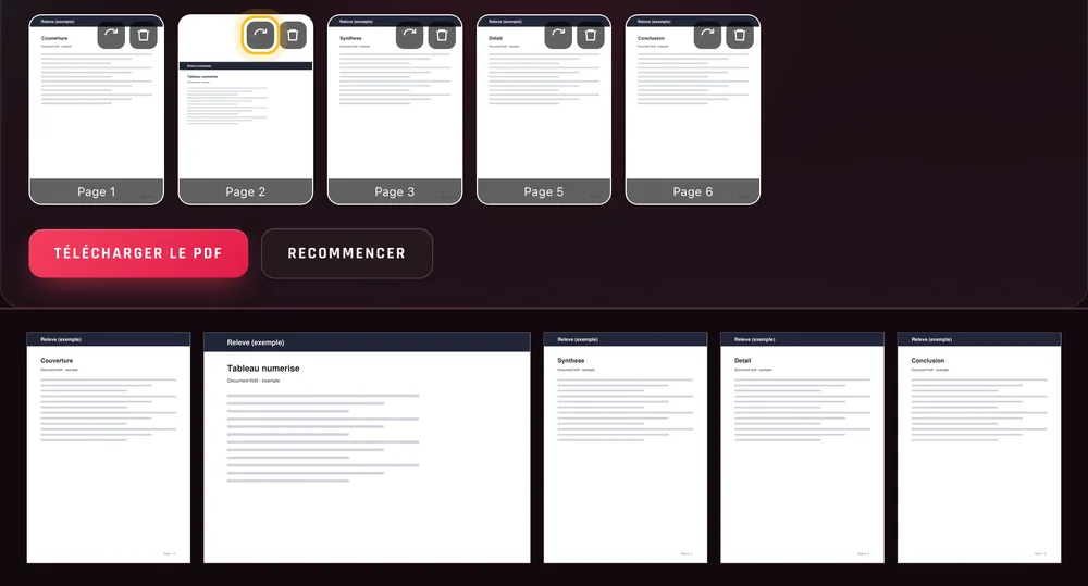 En haut, Pilote PDF : la page 2 redressée avec Pivoter et la page 4 supprimée. En bas, les 5 pages du PDF obtenu, la page 2 à l'horizontale et dans le bon sens