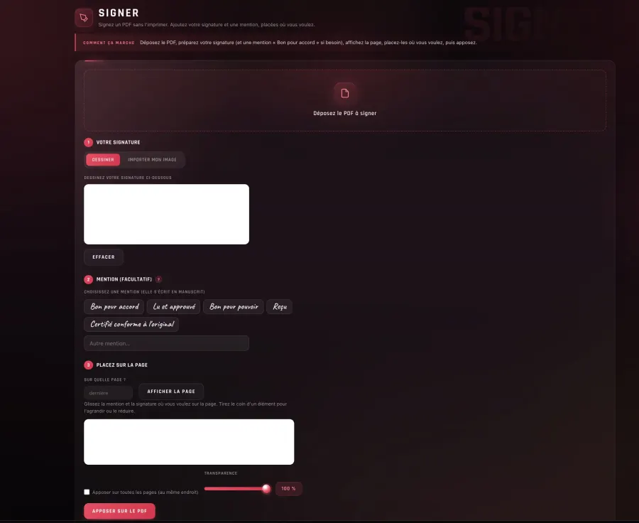 Aperçu de l'outil Signer dans Pilote PDF